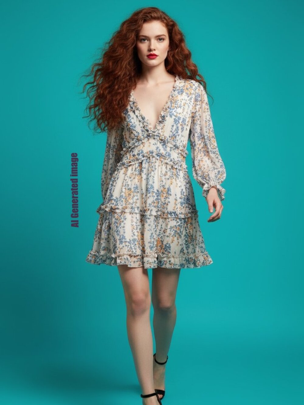 Boho Floral Ruffle Open Back Mini Dress - Size S